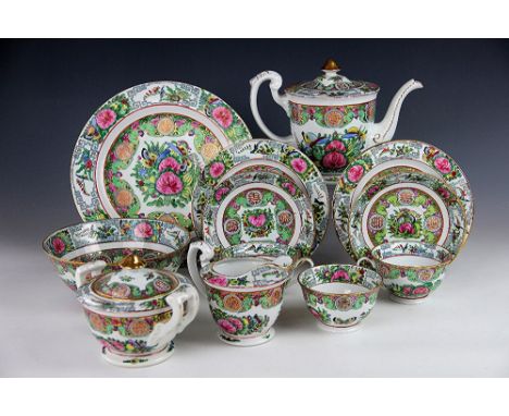 A Cantonese porcelain tea service, 20th century, to include; a teapot and cover, sugar bowl and cover, cream jug, slop bowl, 
