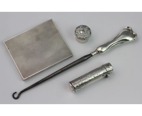 A collection of small silver wares, to include; a slide action cigarette case, engine turned decoration, engraved inside '28.