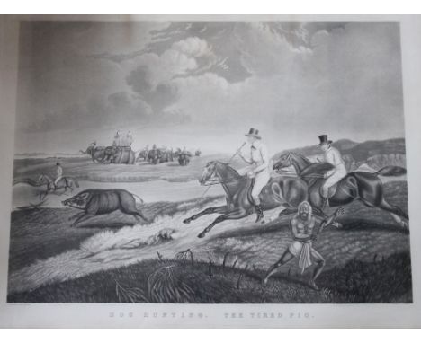 After Captain John Pratt,
black and white aquatint,
Hog Hunting - The Tired Pig,
printed by Mess'rs Fores,
65cm x 87cm - oak 