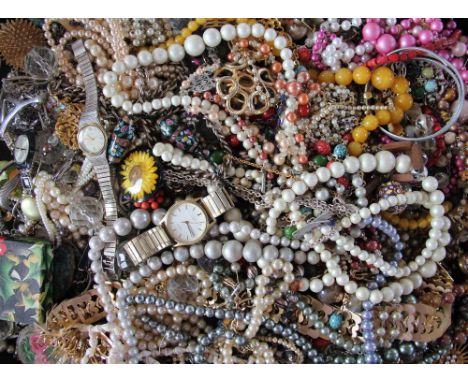 An assortment of costume jewellery, including necklaces, brooches, with a silver bangle, a Gentleman's Tissot Visodate watch 