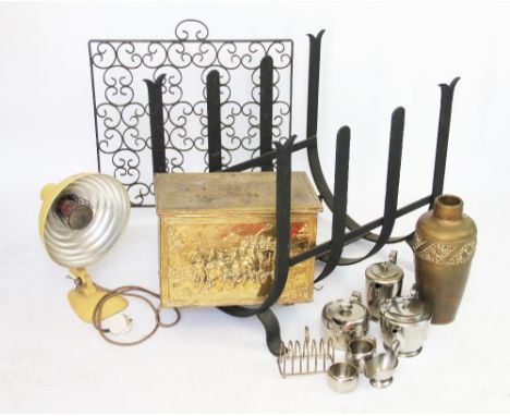 A cast iron fire bucket, brass box and brass wares with a stainless steel tea service and heat lamp with fire screen etc (Qty