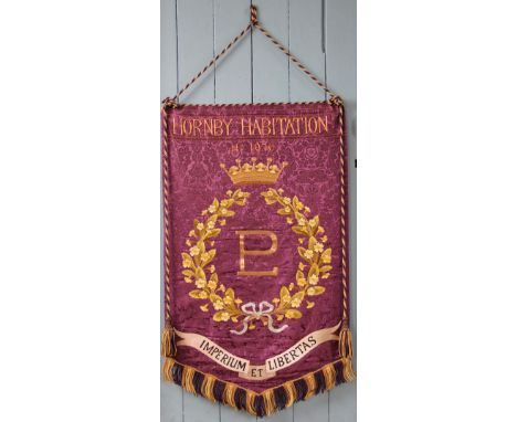 A Primrose League banner for the Hornby Habitation No 1976, finely silk embroidered with a PL within a bow tied primrose wrea