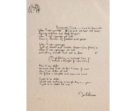 AFTER JOHN LENNON (1940-1980), BORROWED TIME, SONG LYRICS, lithograph on hand made paper, limited edition, no. 253/1000, fram