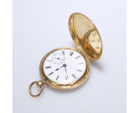 AN 18CT GOLD HUNTER DRESS POCKET WATCH. Circular white enamel dial with roman index, subsidiary sunken dial at 6 o'clock indi