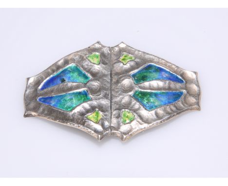 ARCHIBALD KNOX FOR LIBERTY & COA CYMRIC SILVER AND ENAMEL BELT BUCKLE, LONDON, 1903, each section with four shaded green/blue