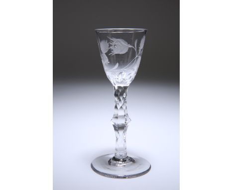 A JACOBITE WINE GLASS, c. 1780, the round funnel bowl engraved with a single rose bud and a bird in flight, scale cut to the 