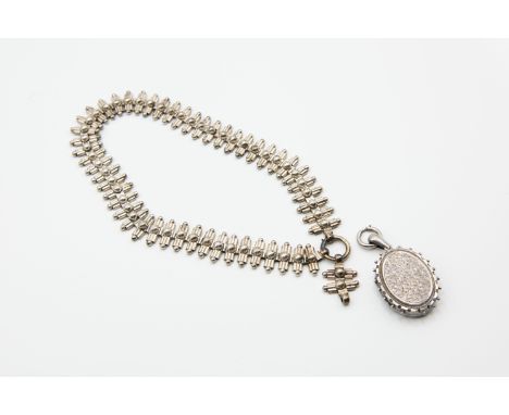 A VICTORIAN SILVER LOCKET ON HEAVY COLLAR, the detachable oval locket with engraved floral detailing, suspending on an articu