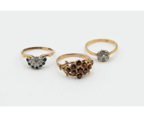 A COLLECTION OF THREE GOLD RINGS,&nbsp;one set with old cut diamond highlights, stamped 18ct PLAT, ring size M; one set with 