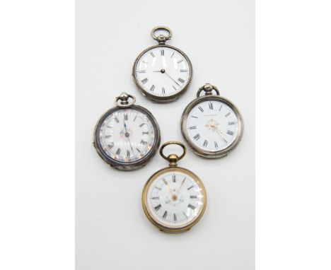 A GROUP OF FOUR POCKET WATCHES FOR SPARES OR REPAIRS. White enamel dials with roman indexes and various forms of decoration, 