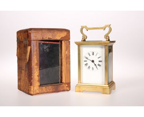 A BRASS CASED CARRIAGE CLOCK, CIRCA 1900, SIGNED R &amp; CO (RICHARD &amp; CO), the white enamel dial with Roman numerals, in
