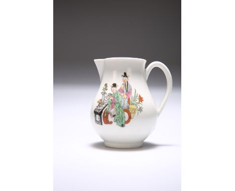 A WORCESTER SPARROW BEAK MILK JUG,&nbsp;printed and painted with five Chinese figures around tables set with vases, in bright