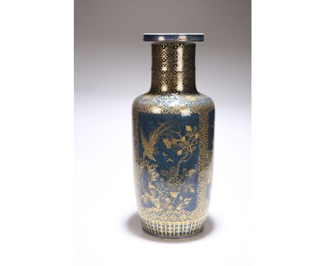 A CHINESE POWDER-BLUE GROUND PORCELAIN "ROULEAU" VASE IN THE KANGXI STYLE, painted in gilt with cartouches of pheasants amids