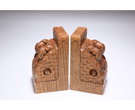 ROBERT THOMPSON OF KILBURNA PAIR OF RARE MOUSEMAN TRIPLE MOUSE OAK BOOKENDS, each carved with two mice to a heavily adzed wed