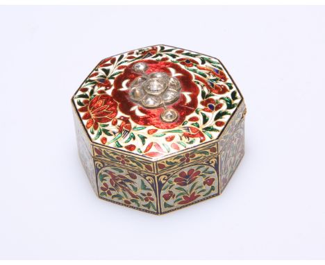 A FINE GOLD AND ENAMEL BOX, FRENCH IMPORT MARK (PARIS), hexagonal, the hinged cover set with diamonds to form a flowerhead on