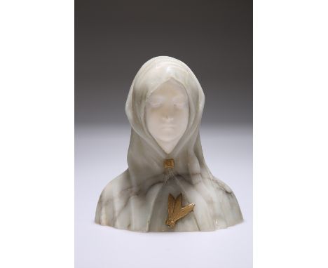 AN ALABASTER BUST OF A YOUNG GIRL IN A CLOAK, EARLY 20th CENTURY, her eyes downcast, the cloak in green and with gilt highlig