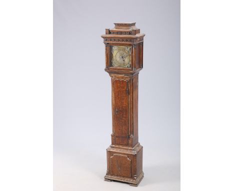 AN OAK THIRTY-HOUR DWARF LONGCASE CLOCK, SIGNED H. HALL, K. LYNN, the hood with caddy top and two bands of carved four-leaf c