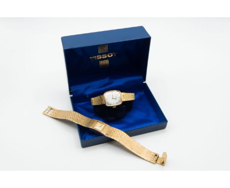A GOLD PLATED TISSOT BRACELET WATCH.&nbsp;Oblong cushion shaped textured silver dial with baton index. Case measures 23 x 20m