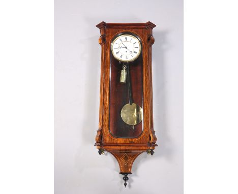 A 19TH CENTURY ROSEWOOD VIENNA PATTERN WALL CLOCK, the white enamel dial with Roman numerals, single brass cased weight, the 