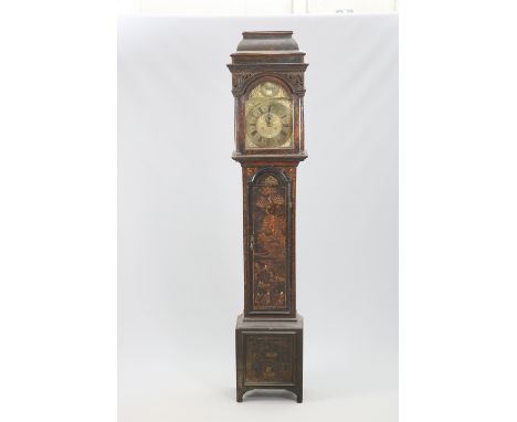 A CHINOISERIE LACQUER EIGHT DAY LONGCASE CLOCK, the 11 1/2-inch brass break arch dial, signed Sephton Prescott, with calendar