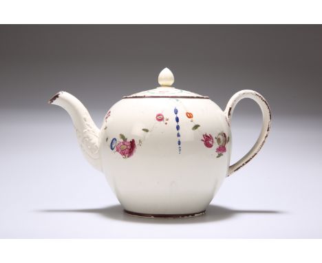 A LATE 18th CENTURY CREAMWARE TEAPOT AND COVER, of globular form, polychrome enamel painted with floral swags, the cover with