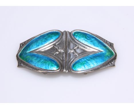 ARCHIBALD KNOX FOR LIBERTY & COA SILVER AND ENAMEL BELT BUCKLE, BIRMINGHAM, 1908, each section with rounded V-shaped green/bl