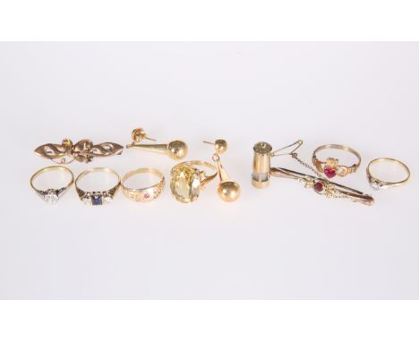 A COLLECTION OF GOLD JEWELLERY, comprising&nbsp;9 carat gold and citrine ring, 9 carat gold sapphire and diamond ring, 9 cara