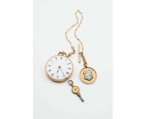 A DRESS POCKET WATCH WITH ENAMEL FOB AND ALBERT CHAIN. Circular open face white enamel dial with printed roman index and blue