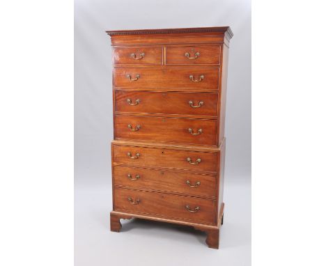 A GEORGE III MAHOGANY CHEST ON CHEST, the upper section with dentil moulded cornice above two short over three long graduated