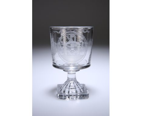 AN EARLY 19th CENTURY MASONIC SHIP'S RUMMER,&nbsp;&nbsp;the bucket bowl engraved with a ship flanked by Masonic roundels oppo