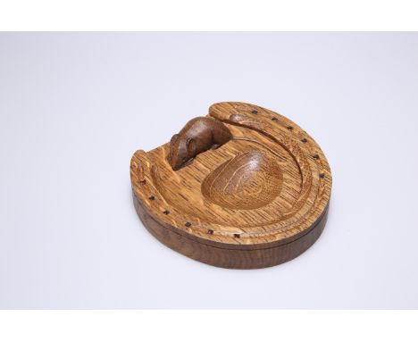 ROBERT THOMPSON OF KILBURNA MOUSEMAN OAK HORSESHOE PIN TRAY, carved mouse signature. 12.5cm by 12.5cm