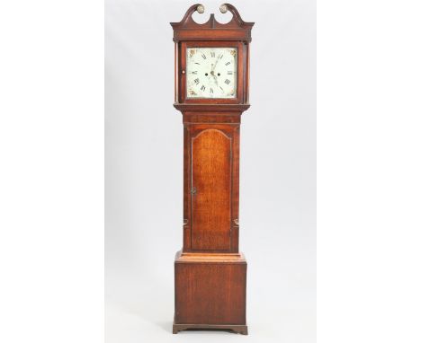 AN EARLY 19TH CENTURY OAK EIGHT-DAY LONGCASE CLOCK, the 13-inch square painted dial, signed M. Evans Llangernyw, with subsidi