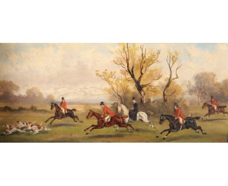 R*** STONE (LATE 19TH/EARLY 20TH CENTURY), HUNTING SCENES, A PAIR, each signed lower right, oils on board, in gilt compositio