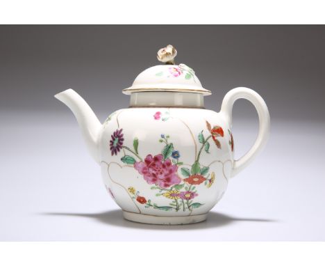 A WORCESTER PORCELAIN TEAPOT AND ASSOCIATED COVER, the teapot c. 1780, of globular form, polychrome painted with floral spray