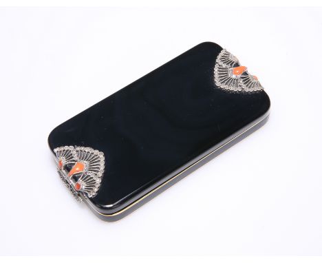 AN ART DECO ENAMEL, CORAL AND DIAMOND COMPACT, FRENCH IMPORT MARKS, rectangular with rounded corners, cover with coral and di