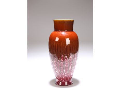 A LINTHORPE POTTERY VASE, of ovoid form with high neck, with thick brown drip glaze over white veined ox-blood ground, shape 