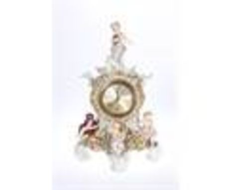 A DRESDEN PORCELAIN MANTEL CLOCK, LATE 19th CENTURY, the brass rimmed dial with Arabic numerals within a floral-encrusted cas