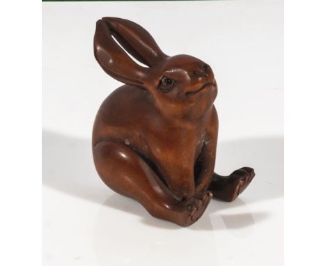 Hand carved hardwood netsuke of a hare, signed