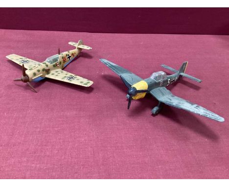 Two 1970s Dinky WWII Aircraft Junkers JU67B (missing bomb) and Messerschmitt 109E, both showing some wear and would benefit f