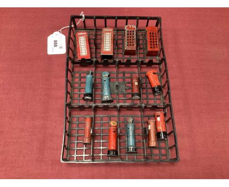A Quantity of Mid XX Century Lead Pillar Boxes and Telephone Boxes, by various manufacturers, including Dinky, all playworn.