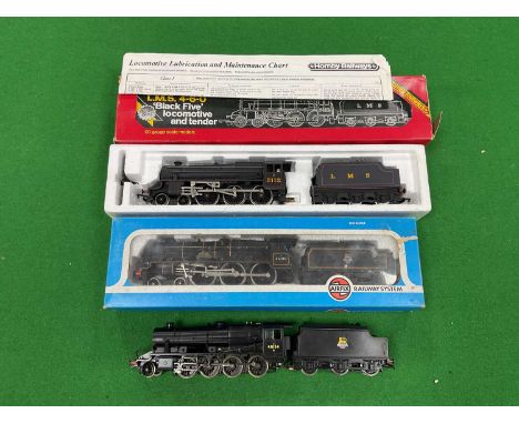 Three 00 gauge LMS locomotives: a boxed Hornby Black Five in LMS livery; a boxed Airfix Royal Scot in BR a livery (with added
