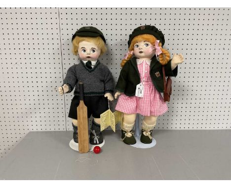 Two Margaret Branton Hand Crafted Fabric Dolls, With Stands. Clothed School Girl Numbered 1-AA1-11-90 and Clothed School Boy 