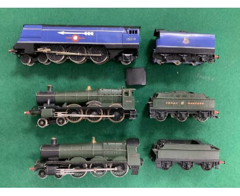 Three kit-built 00 gauge locomotives: a Great Western Grange class 4-6-0 (loose cab roof noted) a Merchant Navy French Line C