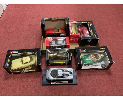Eight 1:18 /1:24 Scale Diecast Model Cars by Burago, Maisto, Guiloy including Burago Ferrari F40 (1987). Mostly boxed. Damage