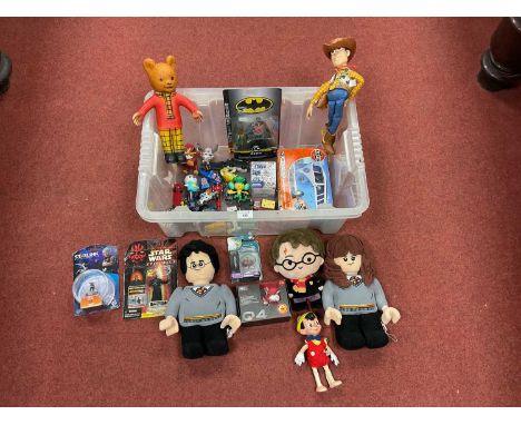 A quantity of playworn diecast model vehicles, three carded plastic figures by Hasbro and other including DC Kids - Robin, Si