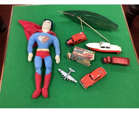 A Quantity of Mid XX Century Toys, including a Triang tinplate yacht, Dinky Toys, Minic fire engine and other items, all play