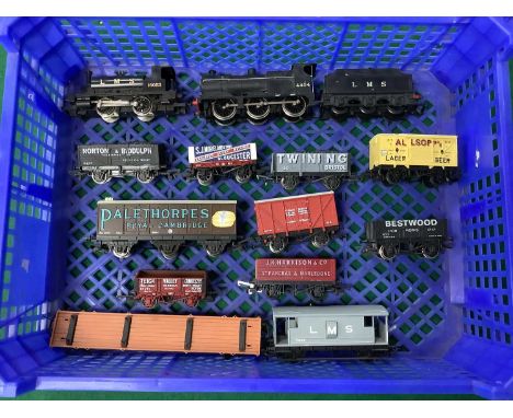 An 00 gauge LMS Goods Train set comprising: Airfix 4F 0-6-0 locomotive, Hornby 0-4-0 Saddle tank shunter; a Hornby LMS Brake 