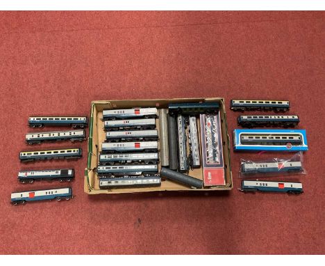 Approximately twenty-four 00 gauge coaches in Blue-Grey livery, by Triang, Hornby, Airfix, Lima and others including two boxe