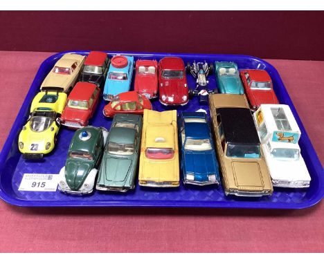 Seventeen Original Corgi Diecast Vehicles from The 1960s, including a Volvo P1800 in fawn, Austin Learner Car, a Jaguar E-Typ