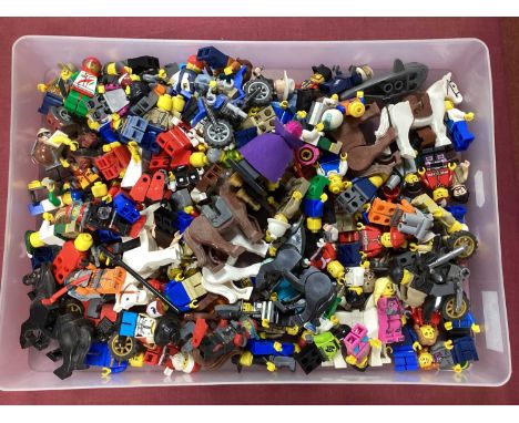 Approximately One Hundred Lego Mini Figures, Animals, Motorcycles, etc. Assorted Themes. Playworn, Small Parts May Be Missing