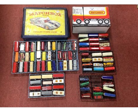 Approximately Eighty Four Diecast Model Buses and Trams by Matchbox and similar to include Bedford Duple Luxury Coach, BEA Co